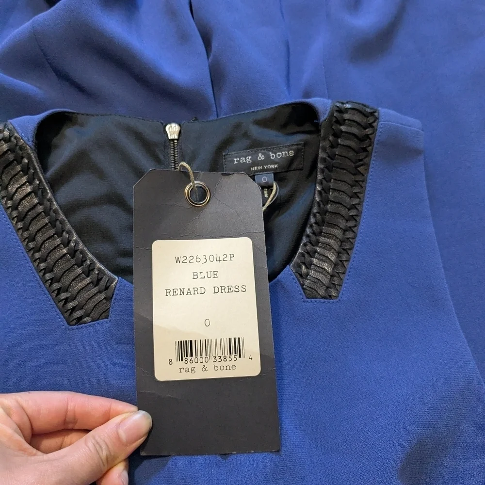 NEW Rag & Bone Renard Dress Mini Blue Leather Trim Flare Sleveless Size 0